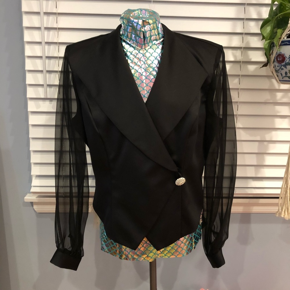 Vintage Black Satin Blazer With Sheer Sleeves